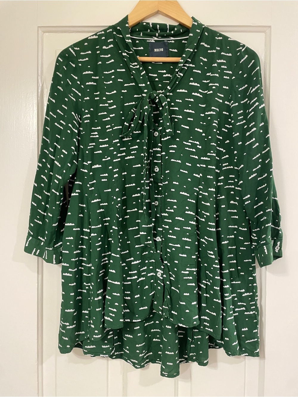 Green Printed Tie-Neck High-Low Blouse